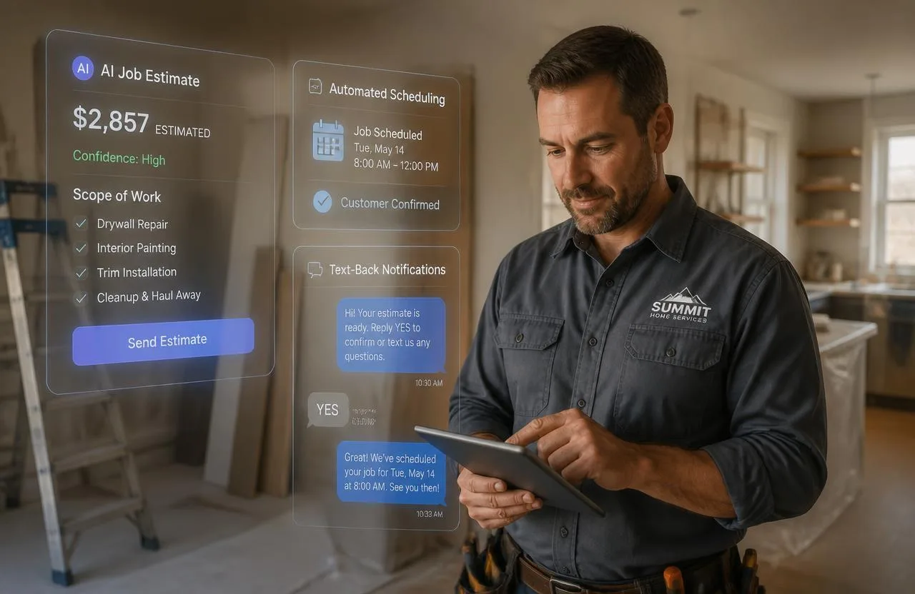 Handyman reviewing an AI-generated job estimate and automated scheduling on a tablet — AI for handyman businesses in 2026