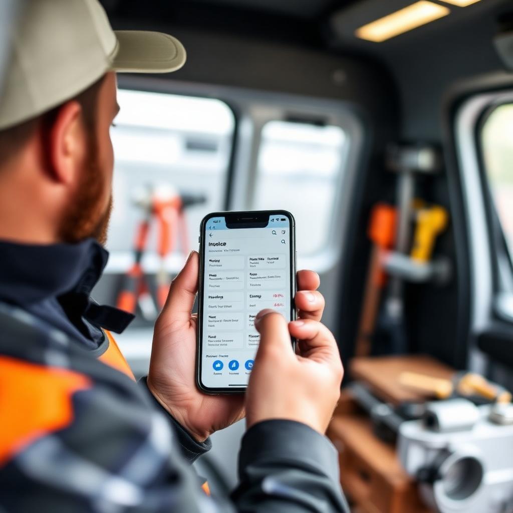 Handyman using a business management app on a smartphone inside a work van