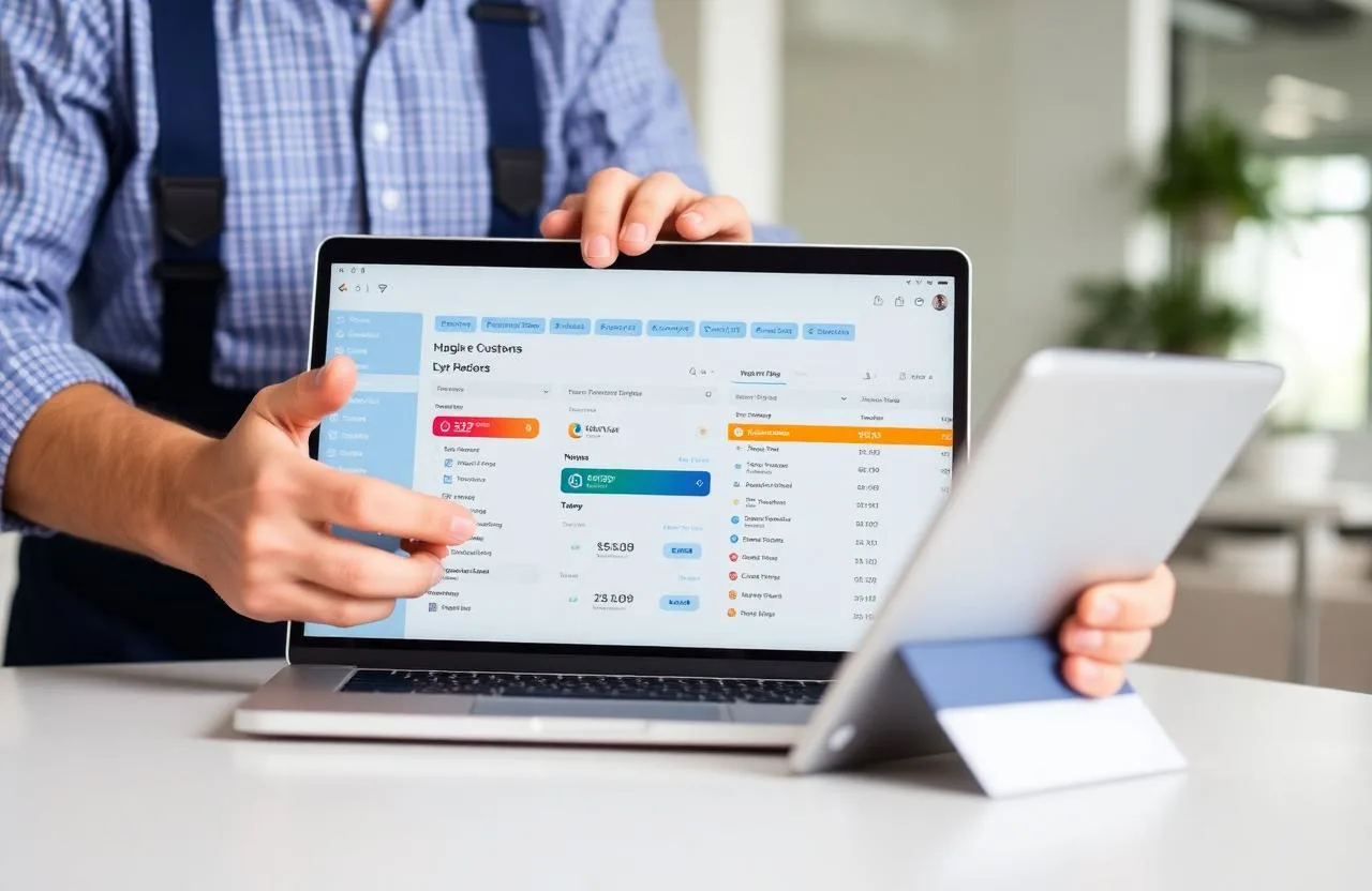 Handyman reviewing customer records and job schedule on CRM software dashboard