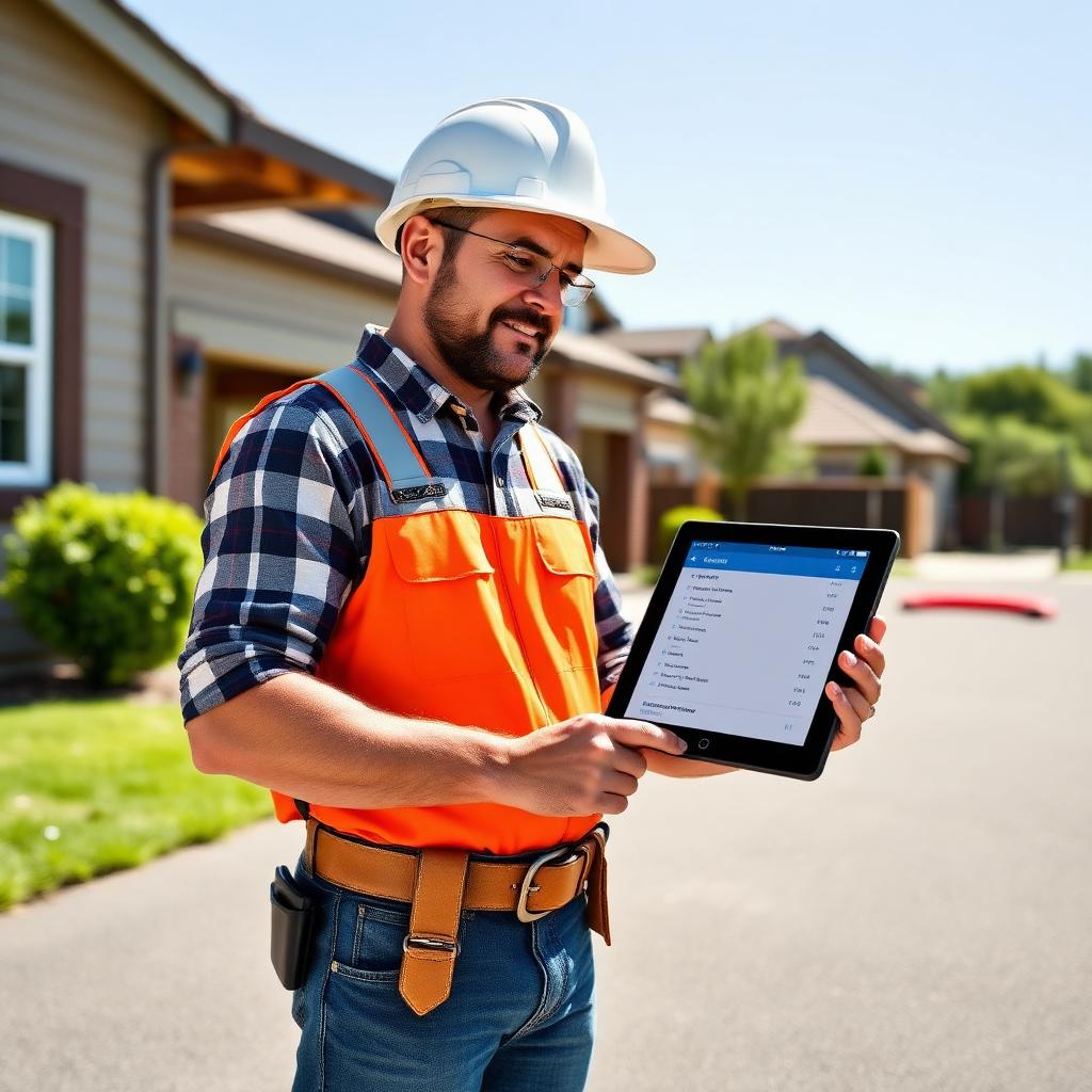 Handyman in a customer driveway building a professional itemized estimate on a tablet