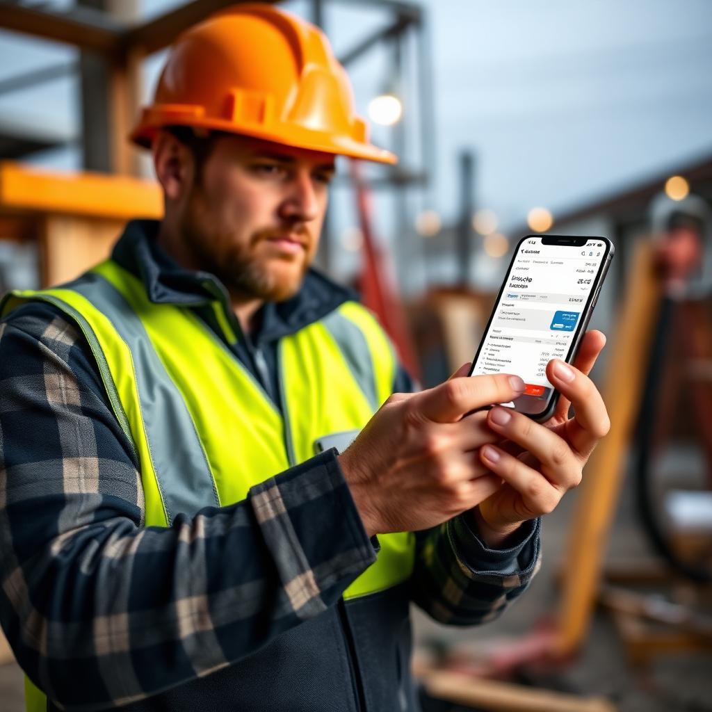 Handyman on job site sending a professional invoice from a smartphone app