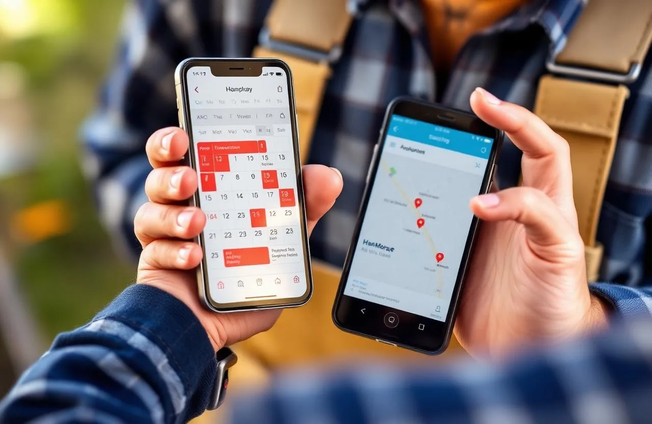 Handyman viewing job calendar and route map on smartphone scheduling app