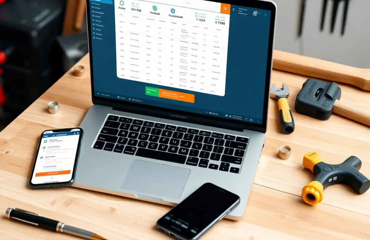 Laptop and smartphone showing handyman business software dashboard on a workbench — best handyman software 2026