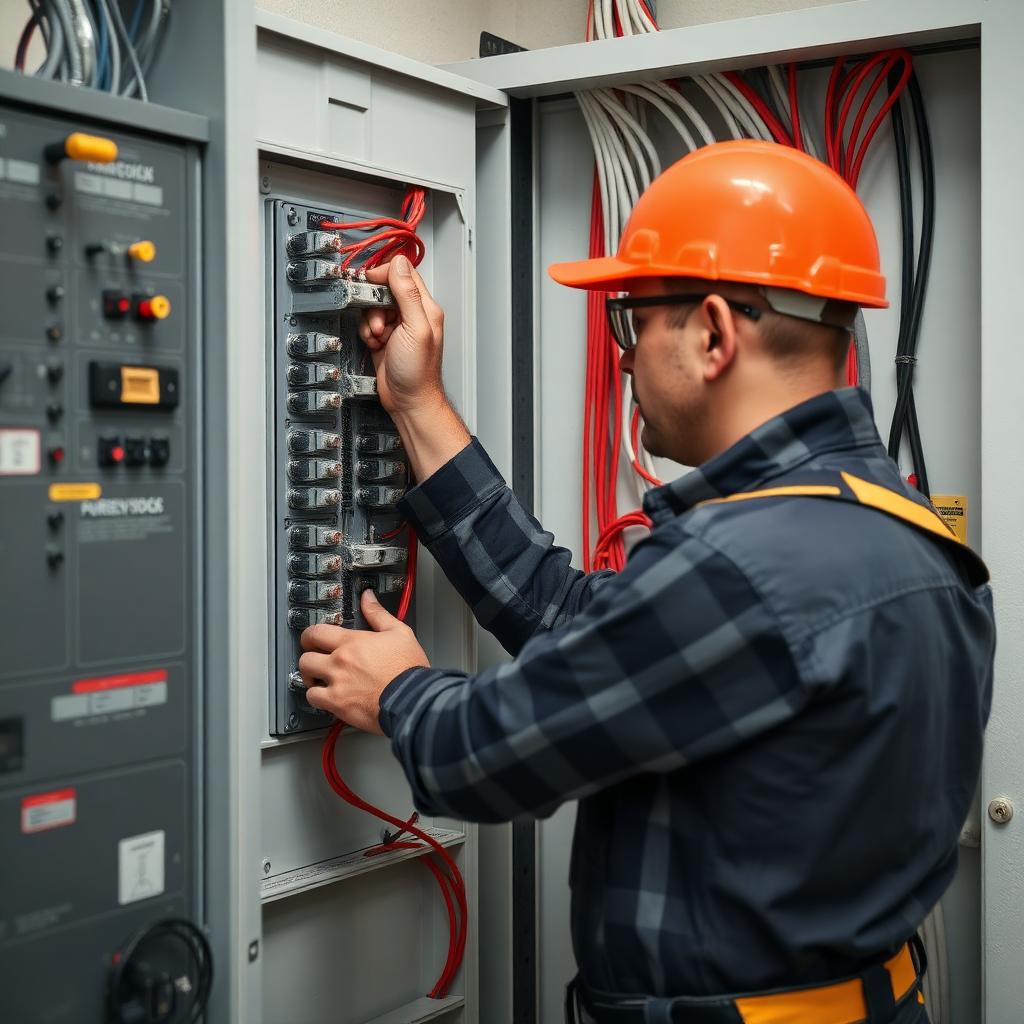Professional electrician working on residential electrical panel