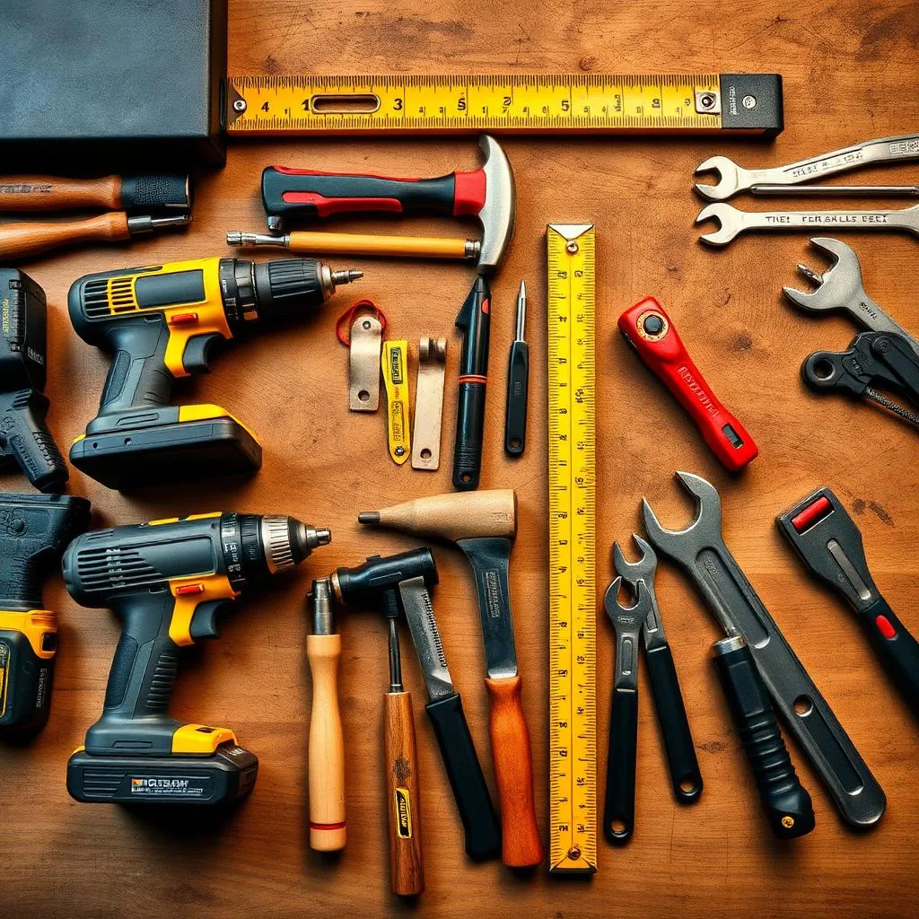 essential handyman tools laid out on a workbench including cordless drill, hammer, tape measure, screwdrivers and wrenches