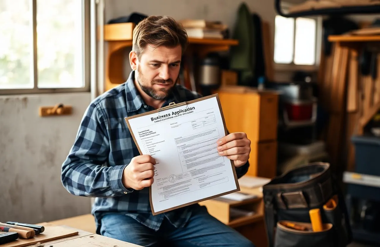 Handyman reviewing a business license application and contractor permit paperwork at his workbench — handyman business license requirements 2026