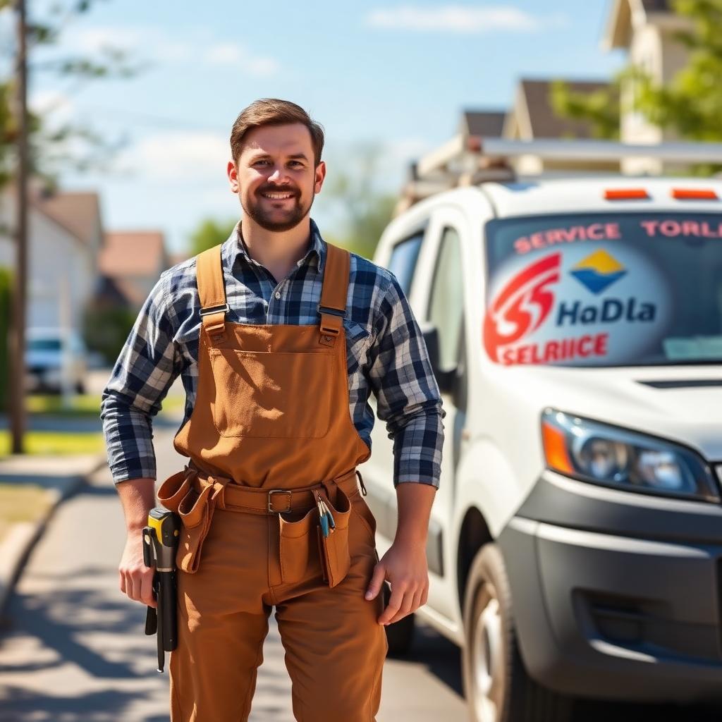 Professional handyman with toolbelt standing beside a branded service van