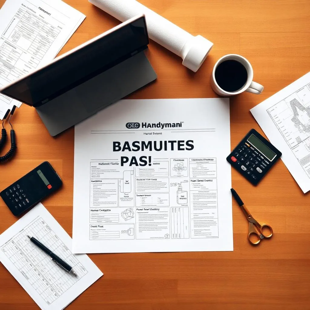 handyman business plan document with calculator, laptop and blueprints laid out on a wooden desk