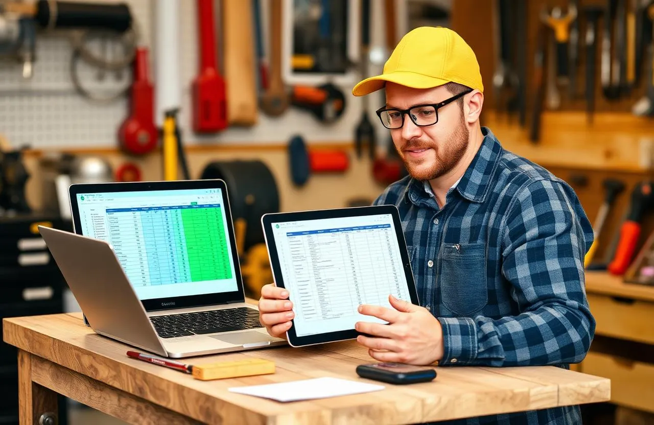 Handyman comparing handyman business software platforms side by side on a laptop and tablet at a workbench