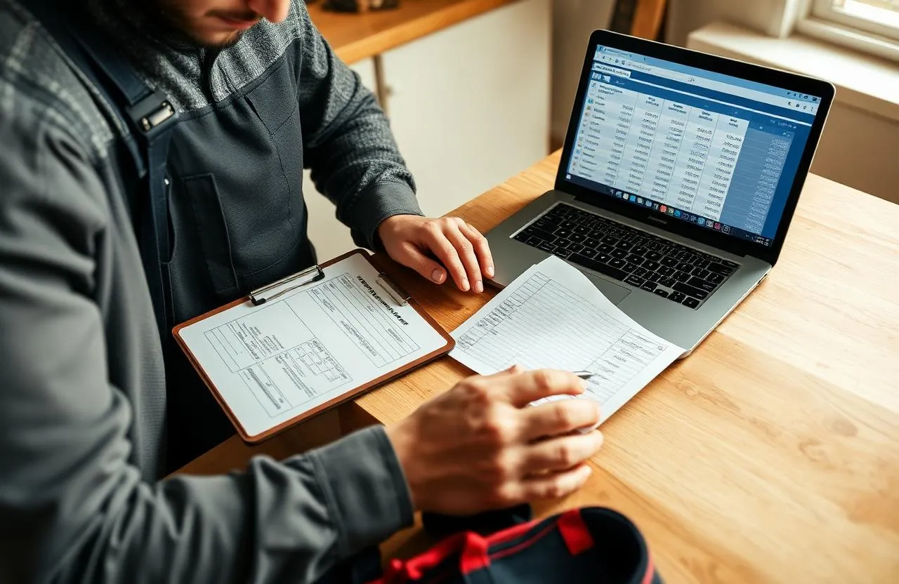 Handyman filling out an itemized job estimate on a clipboard beside a laptop spreadsheet of labor and material costs — free handyman estimate template