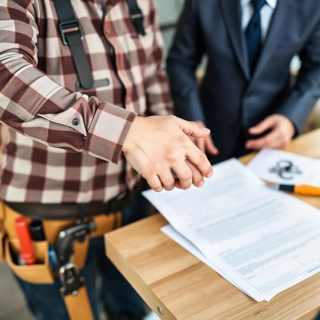 handyman in flannel shirt and tool belt shaking hands with insurance agent over policy paperwork on a wooden table