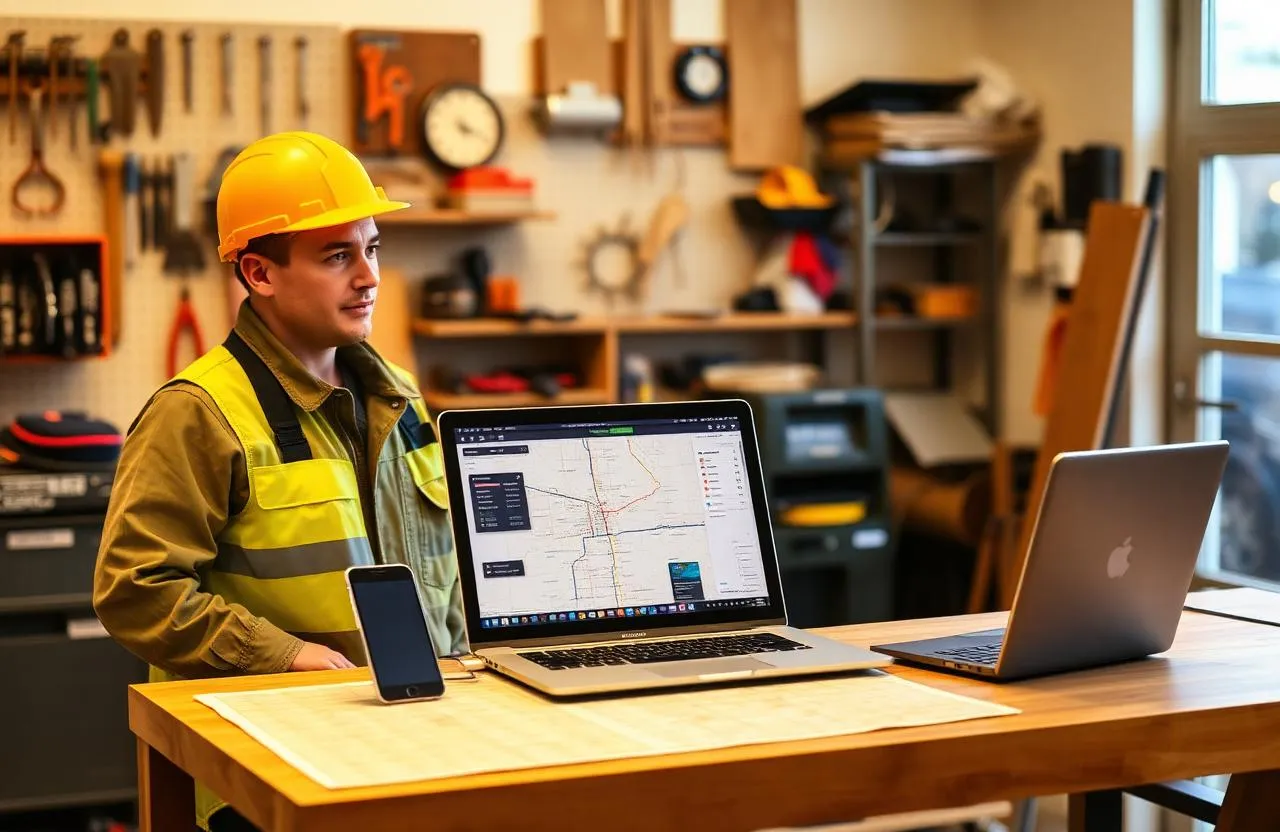 Handyman reviewing a job management dispatch board and technician route map on a laptop and phone in a workshop office