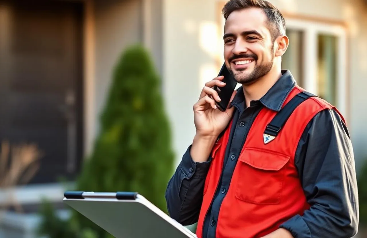 Handyman in branded uniform on smartphone in front of a home — handyman lead generation
