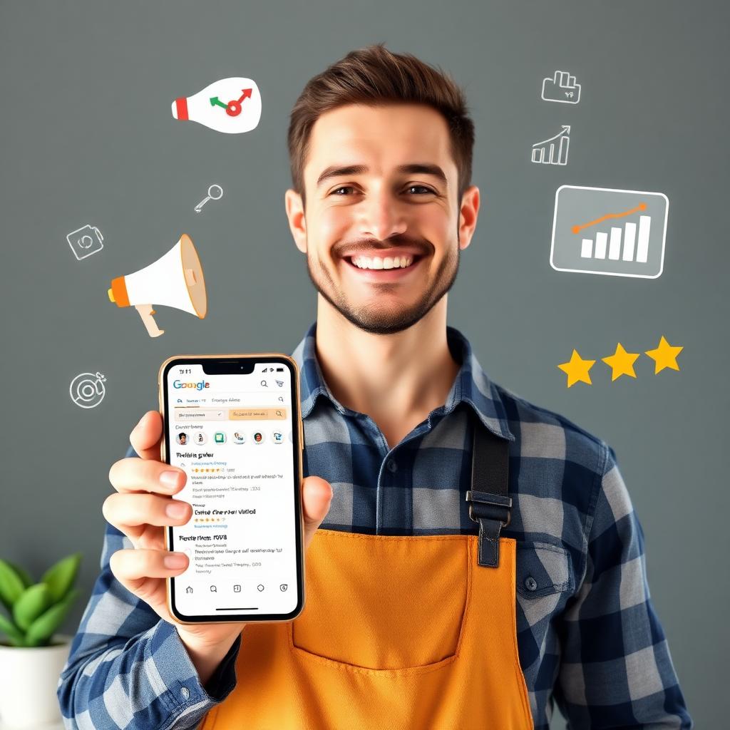 Smiling handyman holding smartphone with Google reviews surrounded by marketing icons