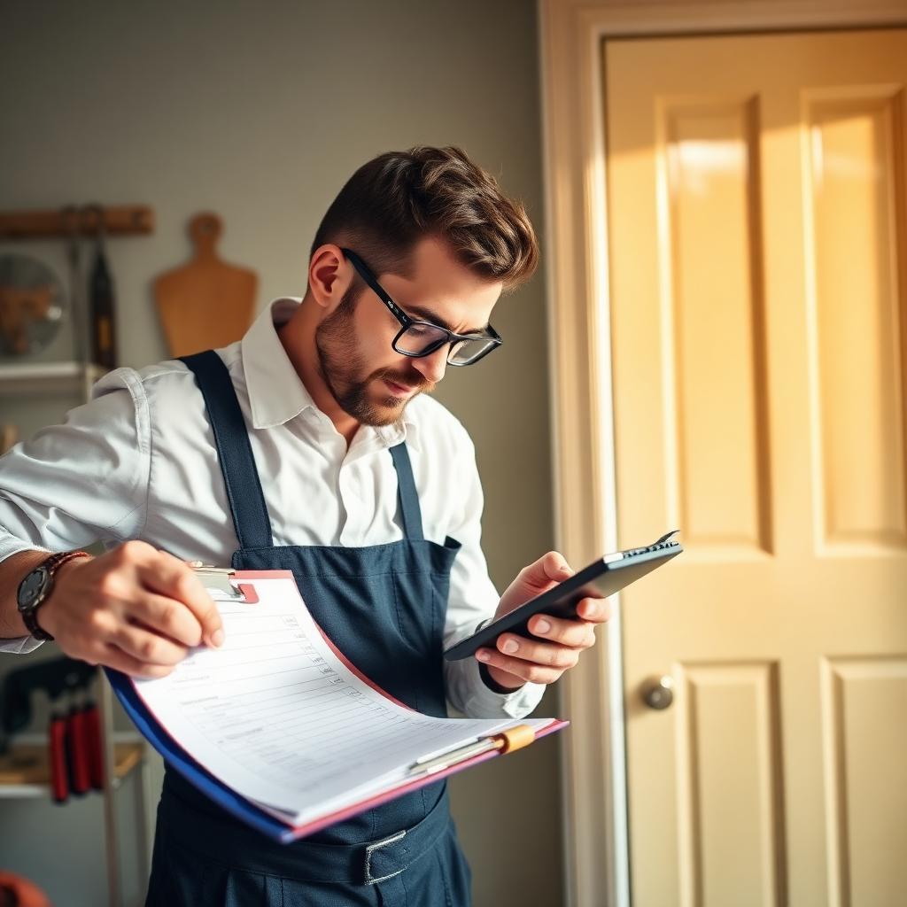 Handyman calculating a job estimate on a clipboard at a customer's home