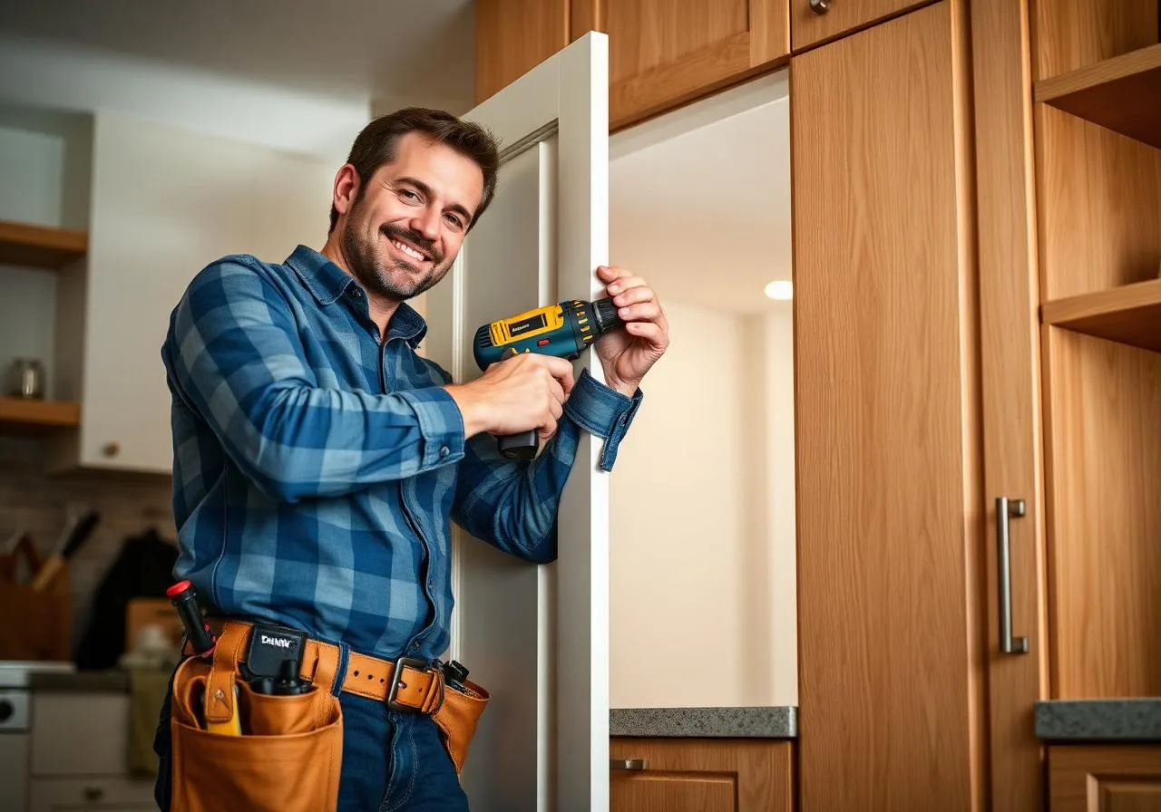 handyman repairing kitchen cabinets