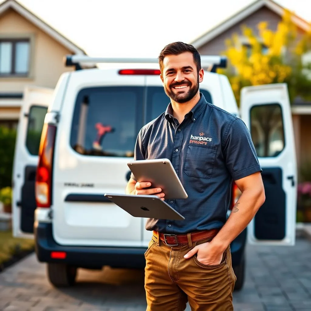 confident handyman entrepreneur standing in front of a professional work van holding a tablet at a residential job site
