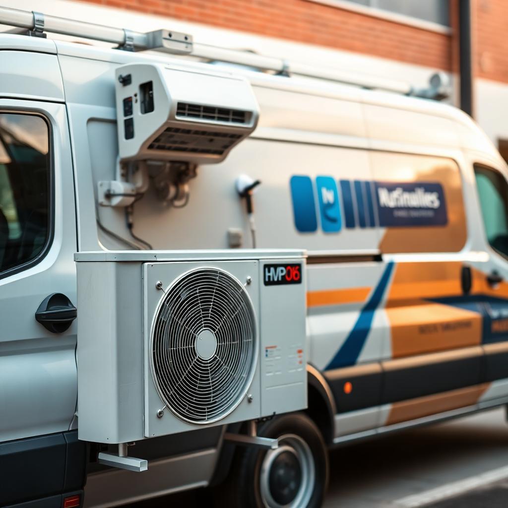 HVAC technician service van with outdoor air conditioner unit