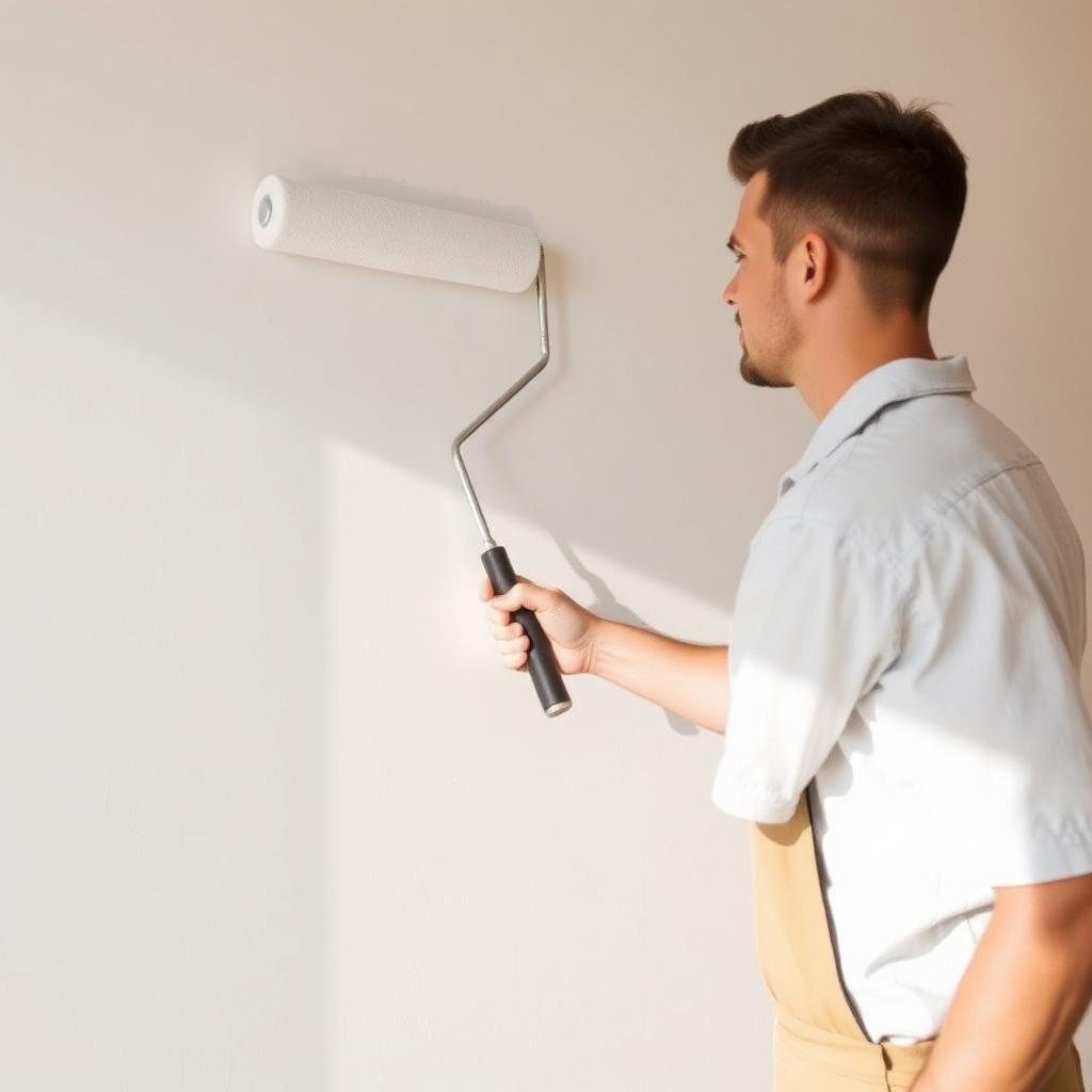 Professional painter rolling fresh paint on interior wall