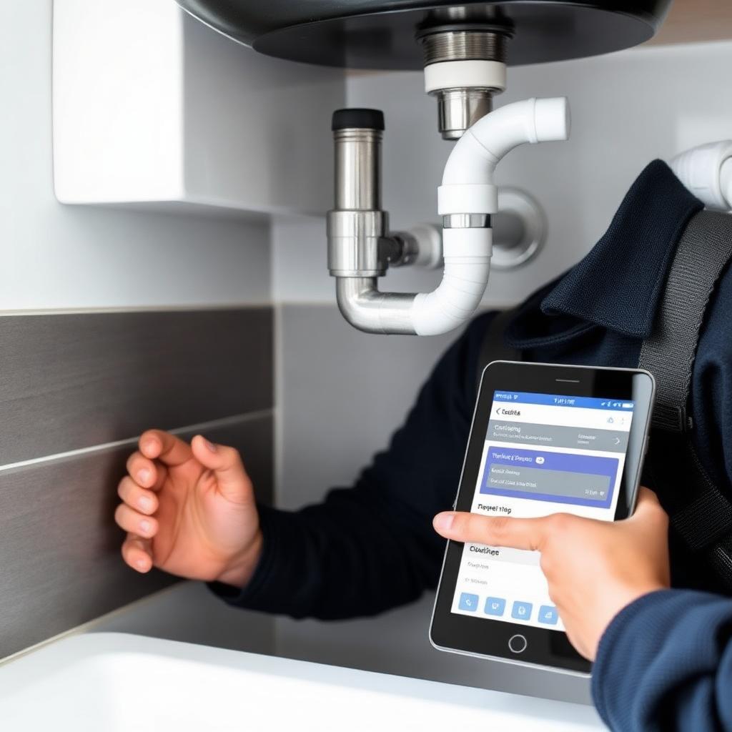 Plumber repairing pipes under a kitchen sink while using a tablet